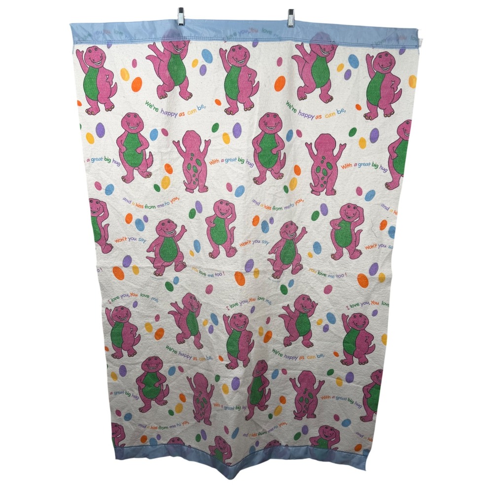 Vintage Barney the Dinosaur I Love You Song Fleece Blanket Satin Trim USA Made